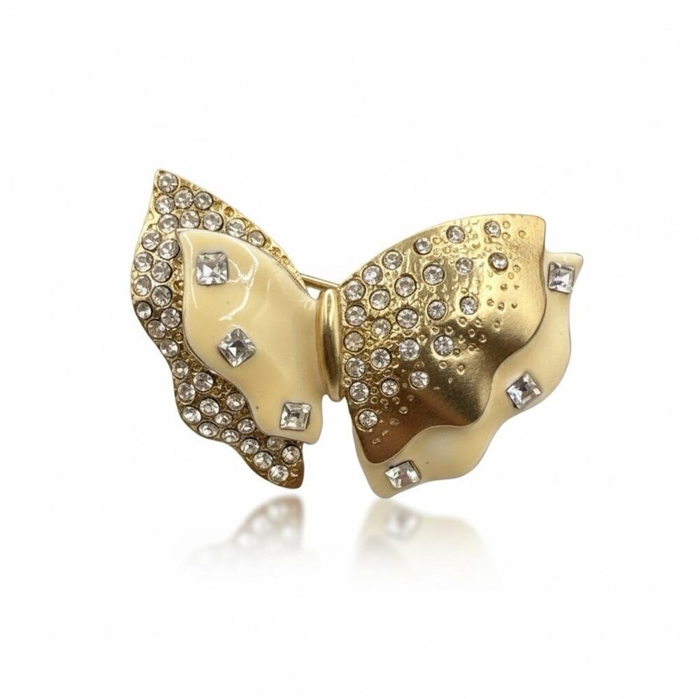 Vintage Hanae Mori Bow brooch Butterfly Enamel Old Hollywood Rhinestones